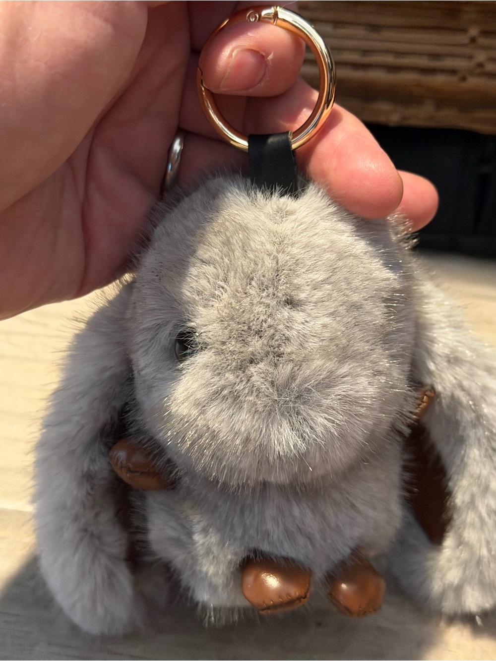 Plush Bunny Keychain - Gray Faux Fur with Brown Accents
